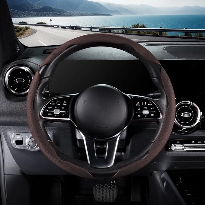 Nappa Leather Car Steering Wheel Cover for Men Women, Ultra-Thin Non-Slip Breathable Microfibre, Universal for 14.5"-15" Steering Wheel - Brown