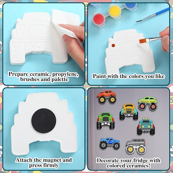Simgoing 24 Pcs Ready to Paint Ceramic Monster Truck Ornaments Unpainted DIY Ceramic Painting Kit with 24 Acrylic Paints 4 Paint Brushes 2 Palettes for Kids Paintable Figurines for Adults Crafts