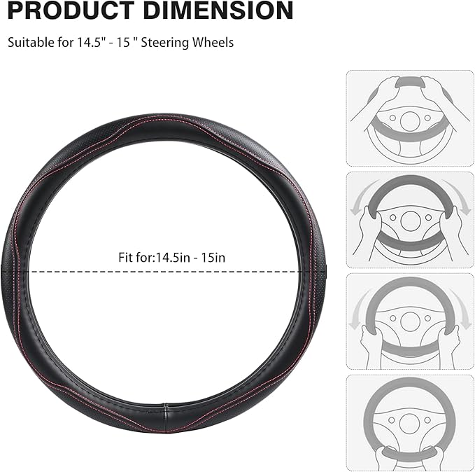 High-Grade Real Cowhide Steering Wheel Cover for Men Women,Black Genuine Leather Steering Wheel Cover for Cars,Universal 14.5-15 inch Steering Wheels