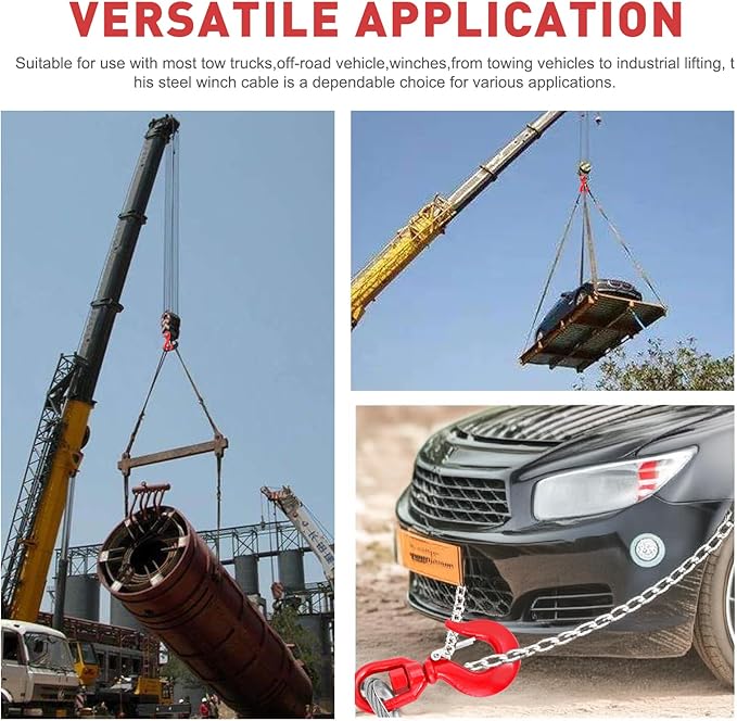 Steel Winch Cable,3/8" x 100' Wire Rope with Swivel Hook,17637 Lbs Breaking Strength,6x19 Strand Core Steel Towing Cable for Tow Truck,Crane,Wrecker