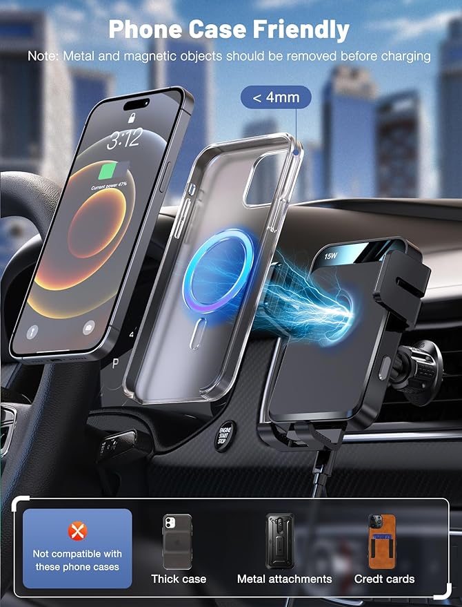Wireless Car Charger, MOKPR Auto-Clamping Car Mount 15W/10W/7.5W Fast Charging Air Vent Car Phone Mount Compatible with iPhone 15/14/13/13 Pro/12 Pro Max/12 pro/12/11/10 Series, Samsung Galaxy Series