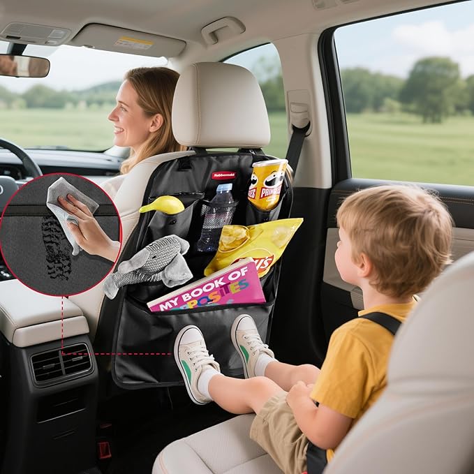 Rubbermaid Backseat Car Organizer, Kick Mats and Seat Back Protector, Car Organizer for Kids with 6 Storage Pockets, Travel Essentials for SUV, Truck, Car - 2 packs Black