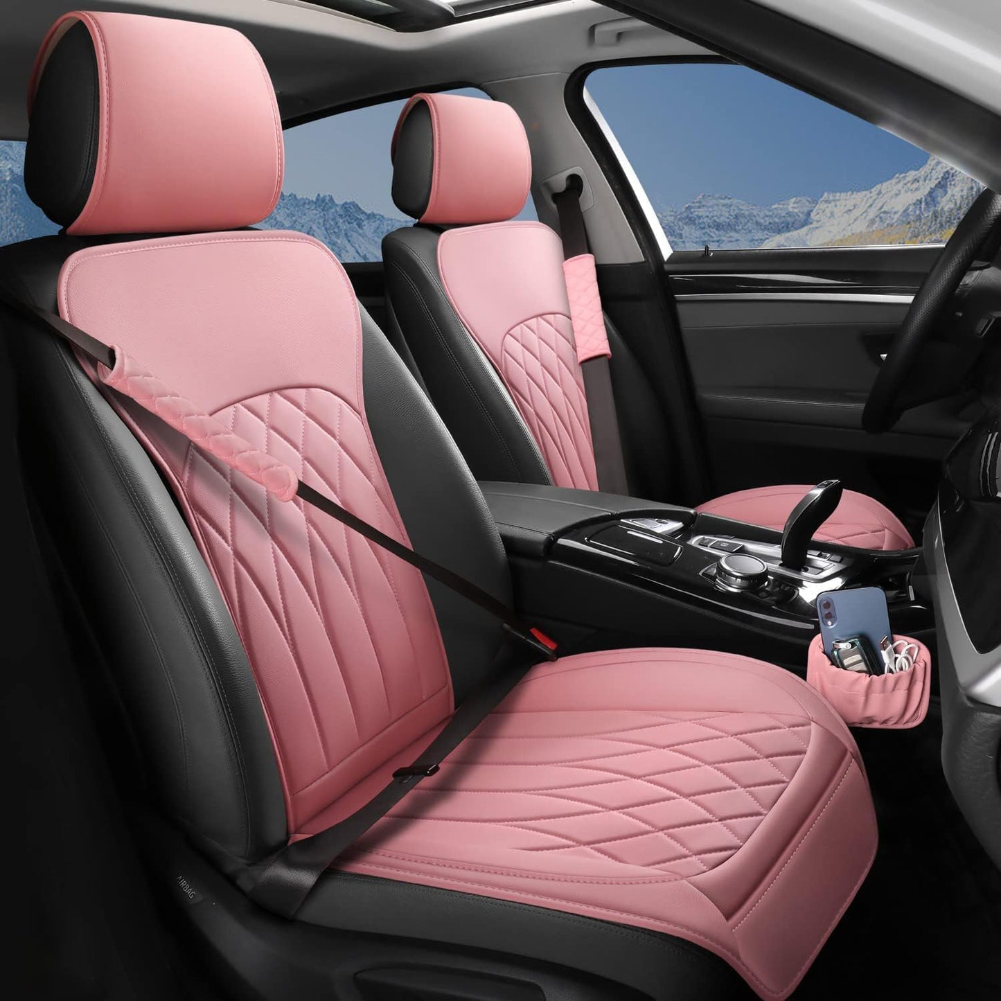 2 Pack Leather Front Car Seat Covers, Universal Sideless Car Seat Protectors with Storage Pocket and Seat Belt Pads, Waterproof Automotive Seat Cover for Cars Trucks SUV(Pink)