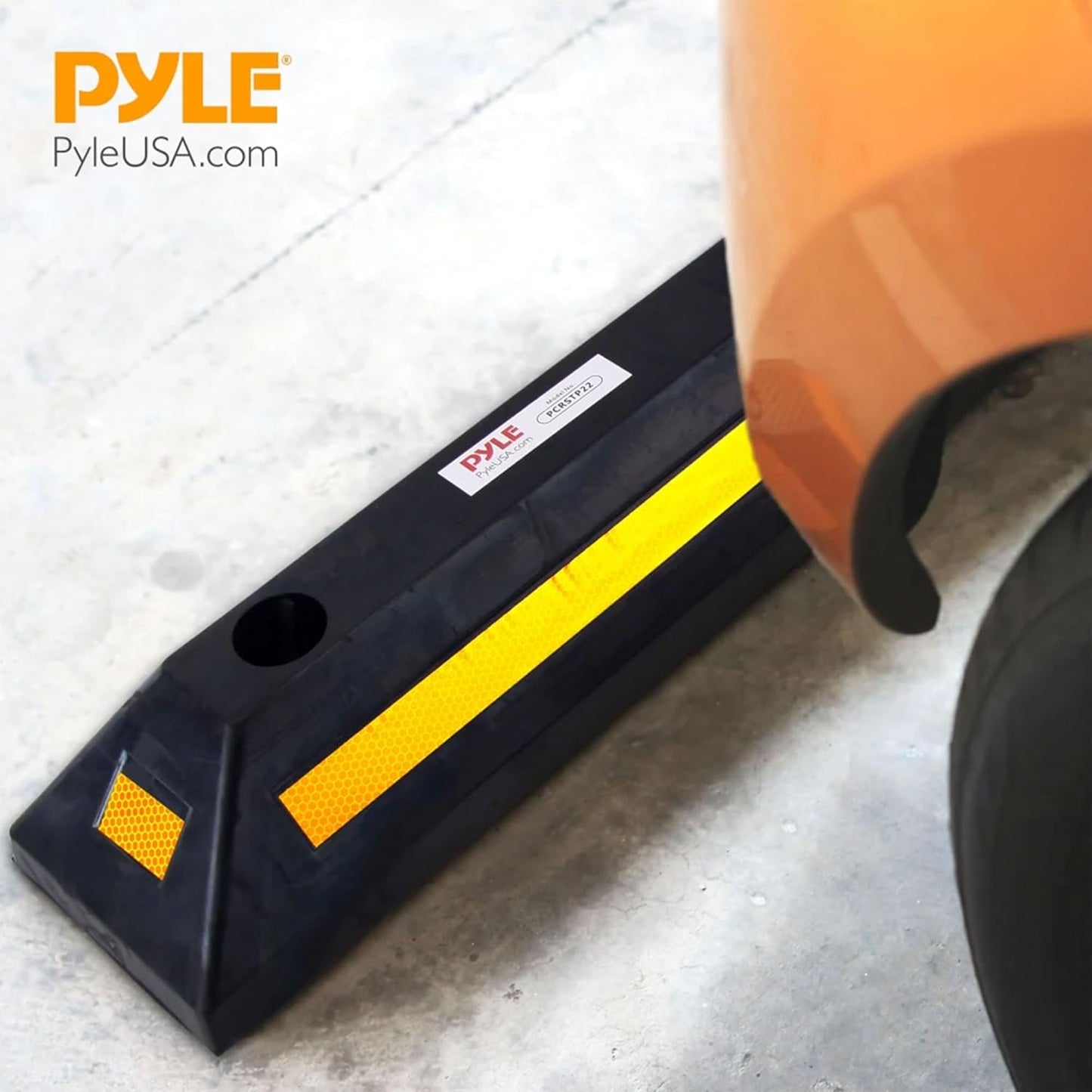 Pyle 2-Pack Heavy Duty Rubber Wheel Stops for Garage Parking – Durable, High-Visibility Tire Blocks for Cars, Trucks, Vans, RVs, Trailers, Forklifts – Reflective Safety Strip Included