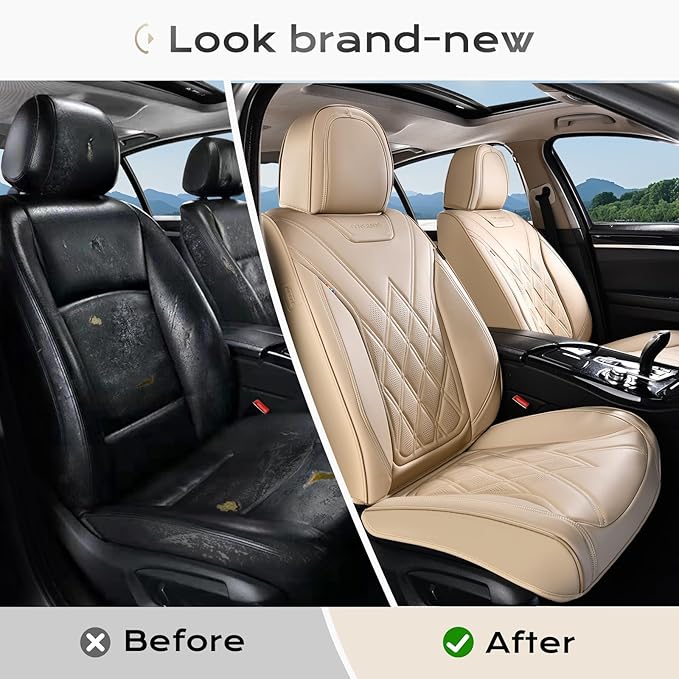 Coverado Car Seat Covers, Front Covers for Cars, Car Seat Cover Front Seats, Automotive Seat Cover, Waterproof, Leather Car Seat Cushion, Universal Interior Seat Protectors for Most Cars Beige