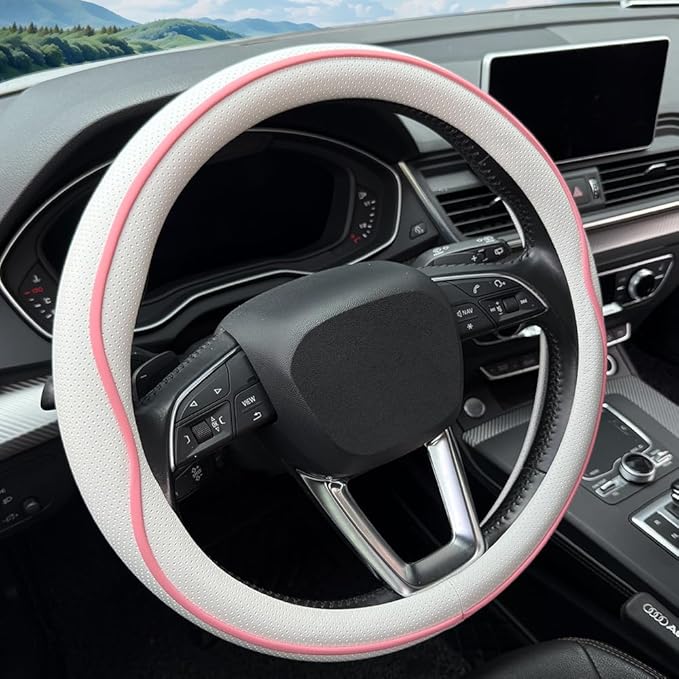 Leather Steering Wheel Cover, with Anti-Slip Stripe Design - Enhanced Grip, Fashion Style, Safe, Non-Slip, Breathable. Upgrade car Interior,White Pink