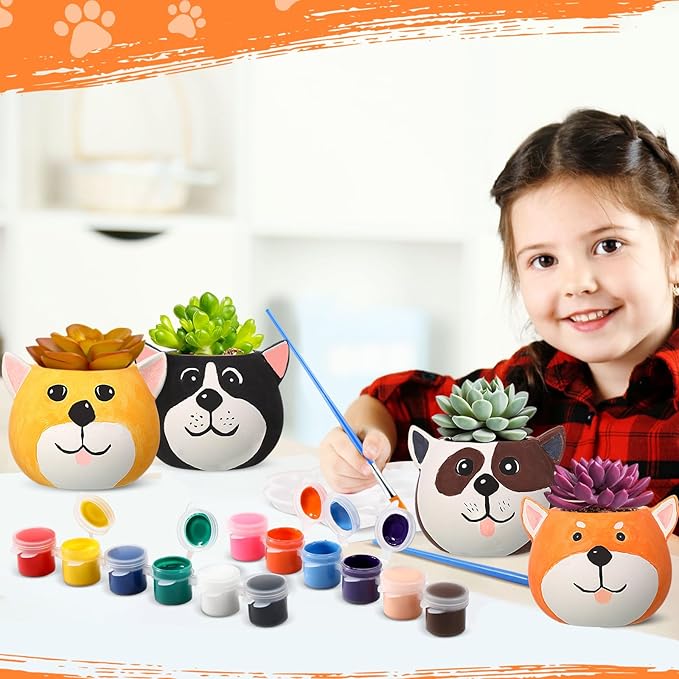 Pasimy 6 Set DIY Ceramic Succulent Planter Pots Paint Your Own Flower Pots Craft Kit Unpainted Bisque Paintable Flowerpot with Brush Palette Ready to Paint for Family Activity Gift(Dog)
