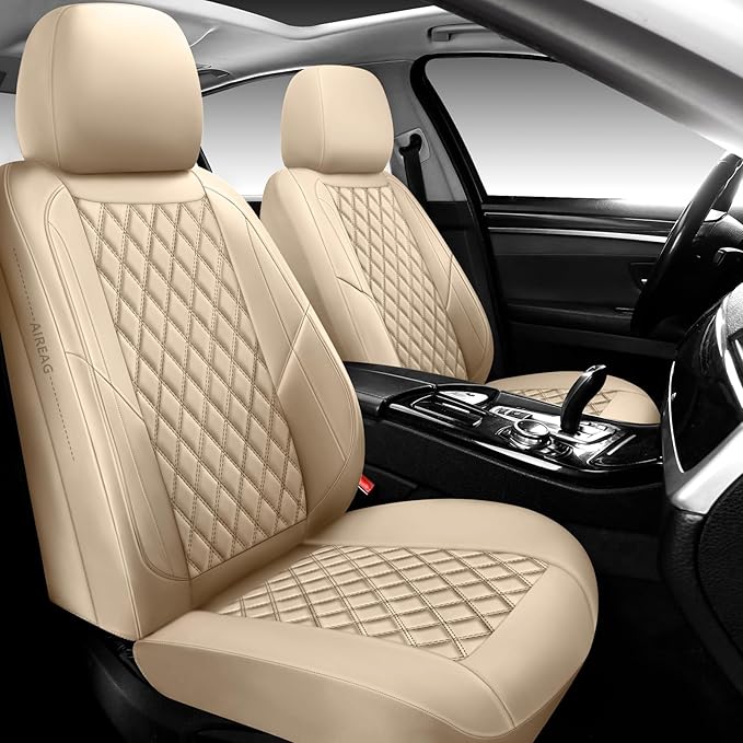 Premium Leather Car Seat Covers Full Set,Universal Fit for Cars,Trucks&SUVs,Waterproof Car Seat Cushion,Full Coverage Car Seat Protector with 5 Seats,Beige