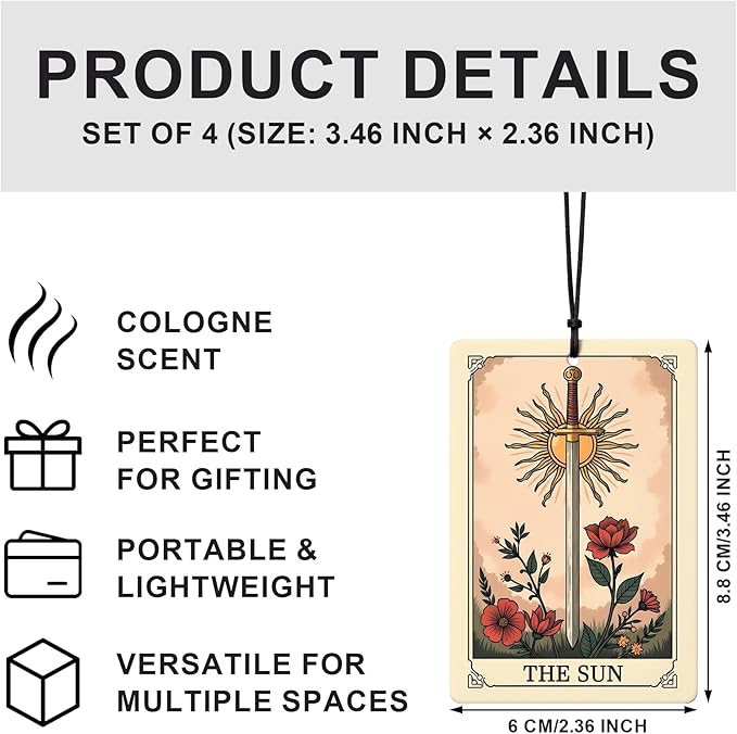 Witchy Gothic Car Air Freshener 4 Pcs, Vintage Boho the Moon Sun Star Reader Tarot Card Hanging Air Freshener for Closet Drawer Books, Goth Skull Skeleton Car Accessories Mirror Decor for Women