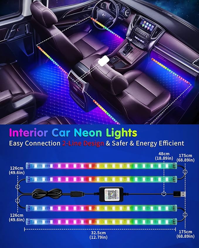 RGB 72 LED Interior Car Strip Lights with Smart APP Control, 2 Lines Design Music Sync Under Dash Footwell Neon Internal Lighting,12V LED Strip Lights for Cars, Trucks, SUVs with Car Charger(1 Set)