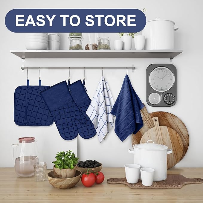 Oven Mitts Pot Holders Sets/Kitchen Towels and Dishcloths, Oven Gloves Kitchen Dish Towels 500 Degree Heat Resistant Potholders with Non-Slip Silicone Surface for Cooking, Grilling, Baking-Marine Blue