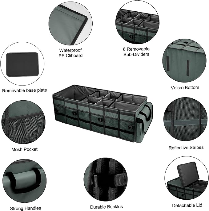 Car Trunk Organizer and Storage with Removable Leakproof Cooler Bag, 6 Removable Dividers for Custom Space, Collapsible Trunk Storage with Non Slip Bottom, Foldable Cover for SUV, Jeep, MPVs