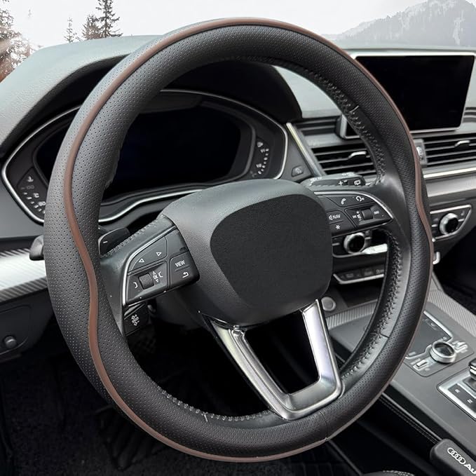 Leather Steering Wheel Cover, with Anti-Slip Stripe Design - Enhanced Grip, Fashion Style, Safe, Non-Slip, Breathable. Upgrade car Interior,Black Brown