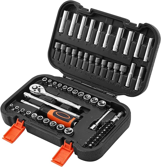 VEVOR Socket Set, 70 Pieces, 1/4 inch Drive Socket and Ratchet Set, SAE and Metric, Deep and Shallow, Mechanic Tool Kit with Bits, Accessories and Storage Case, CR-V Alloy Steel, for Automotive Repair