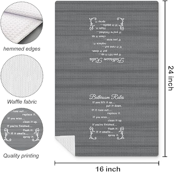 Funny Bathroom Rules Decorative Hand Towels Set of 2, Rustic Farmhouse Hand Towels for Bathroom Decor, 16x24 Inch(Elegant Gray Style)