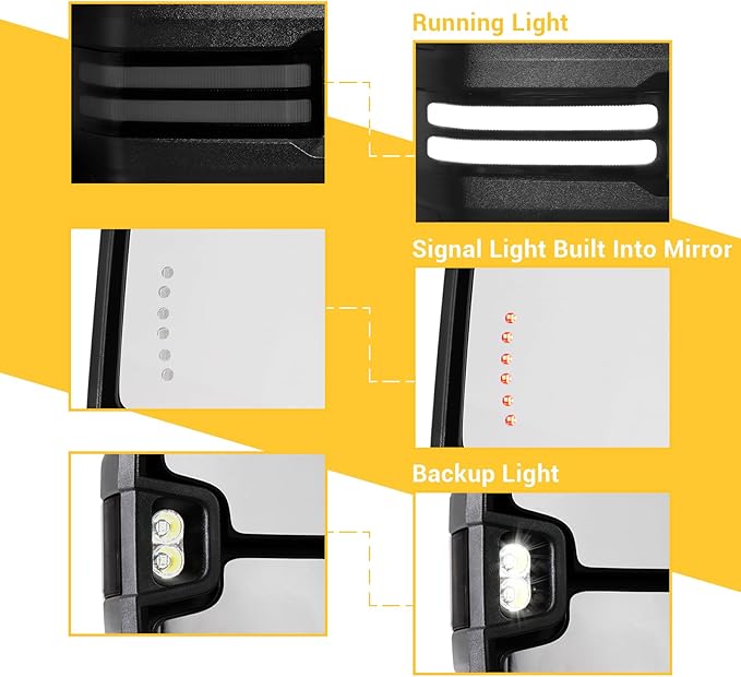 Sanooer Towing Mirrors Painted White Switchback Dynamic Turn Light Compatible with 2007-2013 Chevy Silverado Suburban Tahoe GMC Sierra Yukon with Running Lights Power Glass Backup Lamp Heated Set
