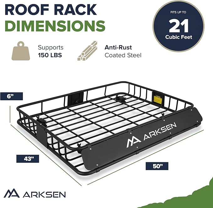 ARKSEN 43 x 50 x 6 Inch Universal Extra Wide 150LB Heavy Duty Roof Rack Cargo with Ratchet Straps, Cargo Net, Car Top Luggage Holder Carrier Basket for SUV, Truck, & Car Steel Construction