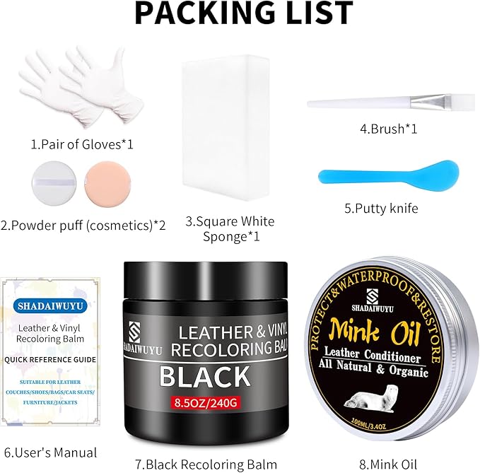 8.5oz Leather Recoloring Balm with 100ml Mink Oil,Black Leather Repair kit for Furniture and Car Interior,Leather Couch Scratch Repair,Leather Dye Paint,Mink Oil for Leather
