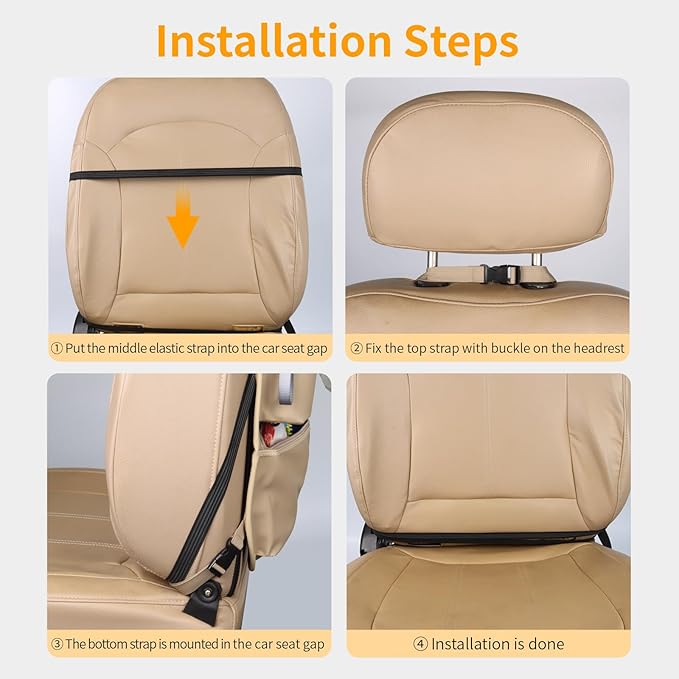 Car Seat Organizers Waterproof Backseat Protector with Storage Pocket Large Leather Kick Mats for Kids Pets Automobile SUV Truck (Beige, Large Pocket)