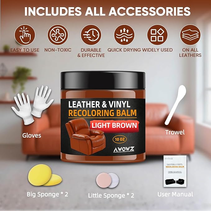 Leather Recoloring Balm - Scratch Repair & Color Restore Kit for Faded Leather, Couch & Car Seats - 10OZ Leather Restorer Balm for Furniture, Auto Interior, Vinyl, Accessories (Light Brown-Tan)
