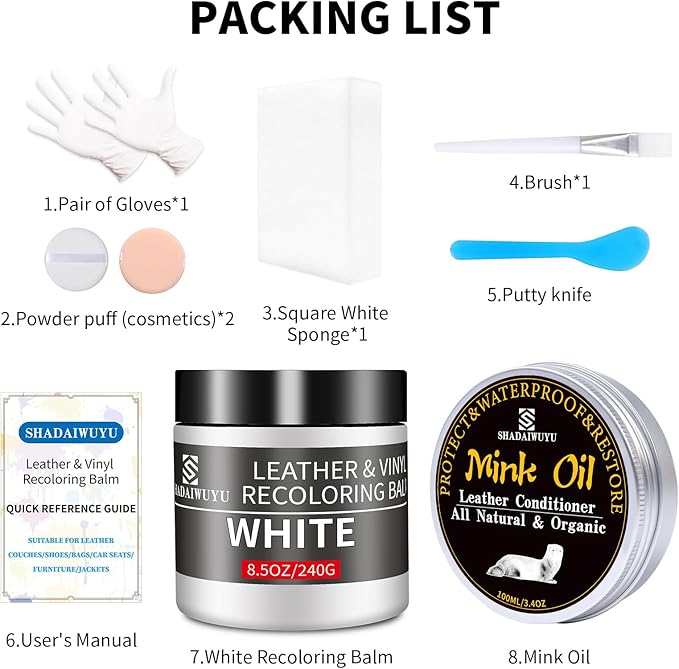 8.5oz Leather Recoloring Balm with 100ml Mink Oil,White Leather Repair kit for Furniture and Car Interior,Leather Couch Scratch Repair,Leather Dye Paint,Mink Oil for Leather