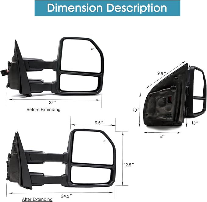 BOOLEE Towing Mirrors fit for 2017-2020 Ford F250 F350 F450 F550 Super Duty Turn Signal Light Dynamic Signal Light Temp Sensor Heated Power Puddle Lamp Auxiliary Light Black Tow Mirrors LH RH