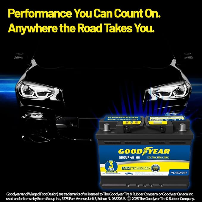 Goodyear 48-H6-AGM BCI Group Size 48 12V 70 AH, 120RC, 760 CCA Platinum series Rechargeable AGM Maintenance Free Automotive Battery