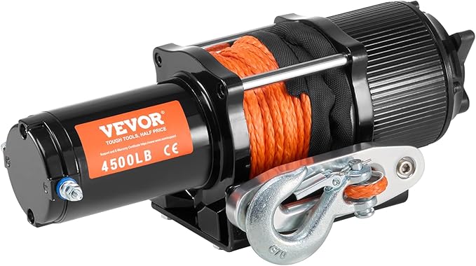 VEVOR ATV Winch, 4500 lb Electric Winch with Synthetic Rope, 12V DC ATV UTV Winch 1/4 in x 39 ft Aluminum Fairlead Wired Remote Control, IP55 Waterproof for Towing Boat Off Road Recovery