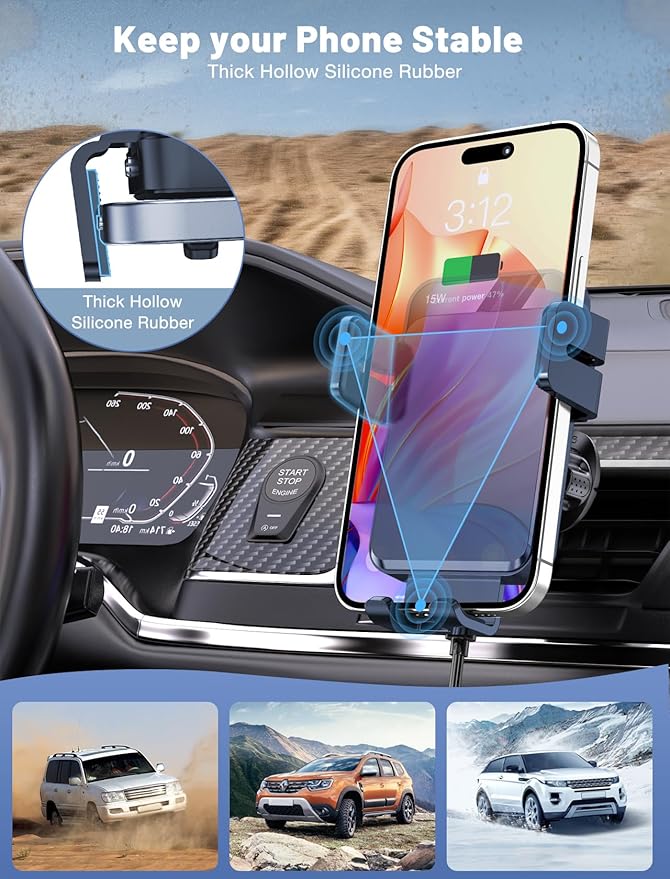 Wireless Car Charger, MOKPR Auto-Clamping Car Mount 15W/10W/7.5W Fast Charging Air Vent Car Phone Mount Compatible with iPhone 15/14/13/13 Pro/12 Pro Max/12 pro/12/11/10 Series, Samsung Galaxy Series