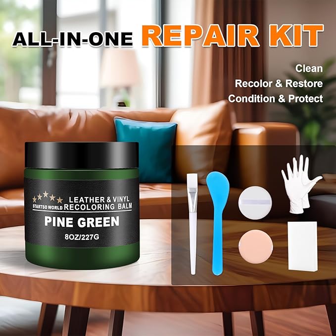 STARTSO WORLD Leather Recoloring Balm, Pine Green Leather Repair Kit for Furniture, Leather Dye, Leather Color Restorer for Couches, Leather Couch Paint | Repair, Restore & Renew Old, Faded Leather