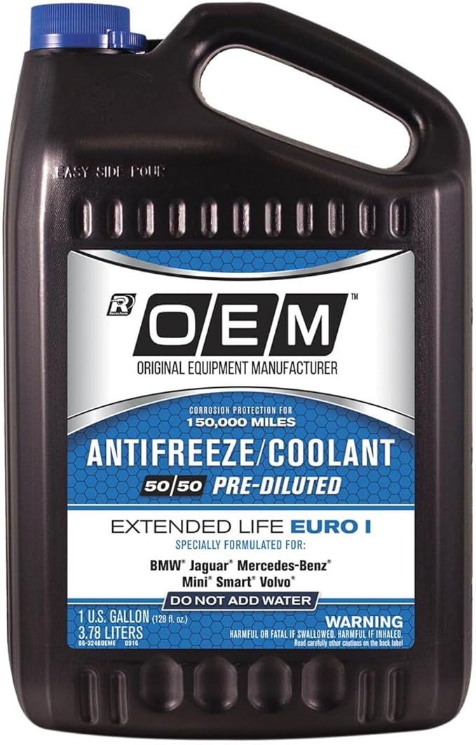 OEM Recochem European Vehicles Premium Antifreeze 50/50 Extended Life Coolant - Euro I Blue, 1 Gallon, 4 Pack
