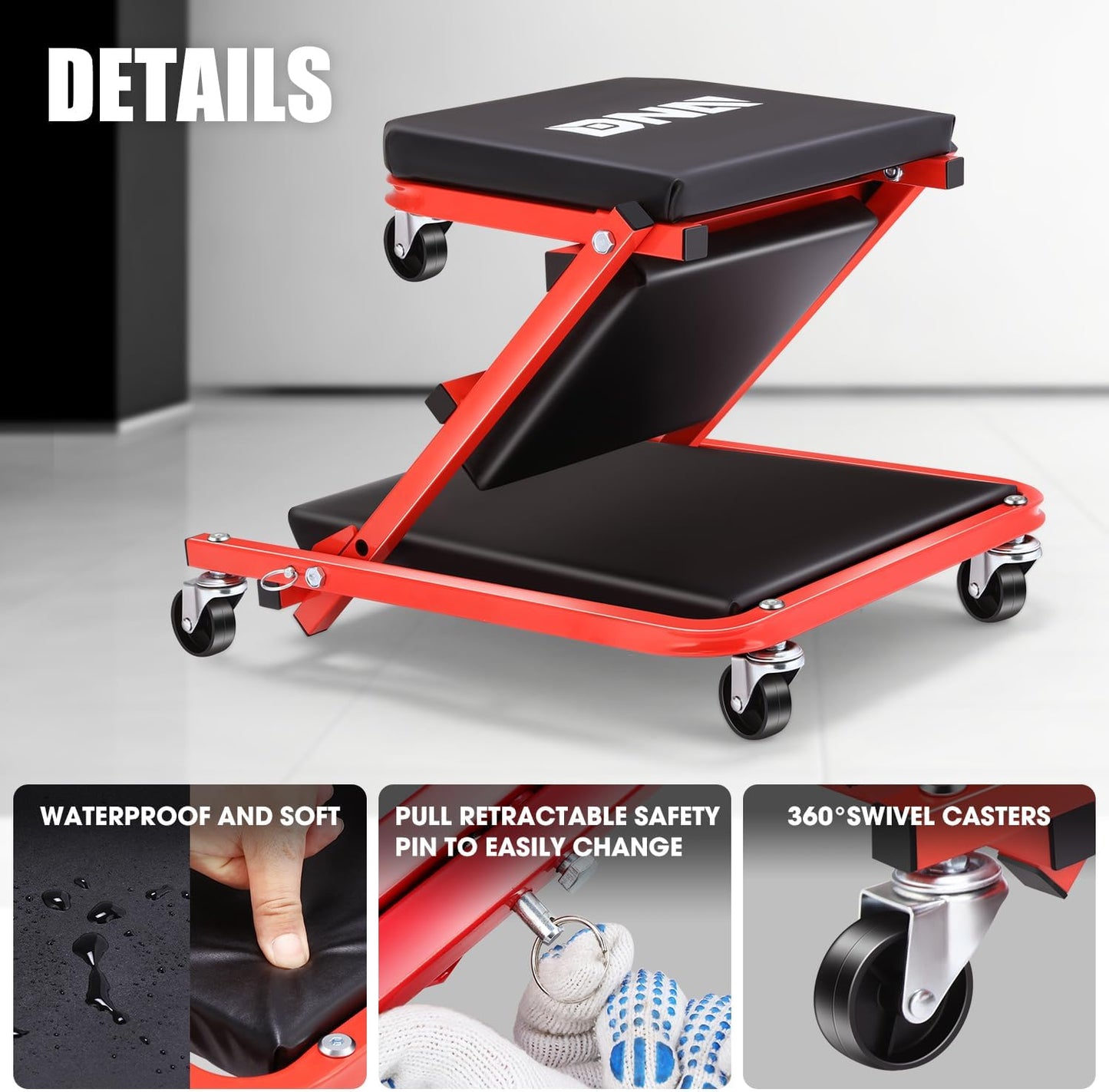 DNA MOTORING TOOLS-00184 36 Inches 2 IN 1 Rolling Folding Car Creeper/Seat, 6 Pcs 2" Casters, 150kg Weight Capacity, Red