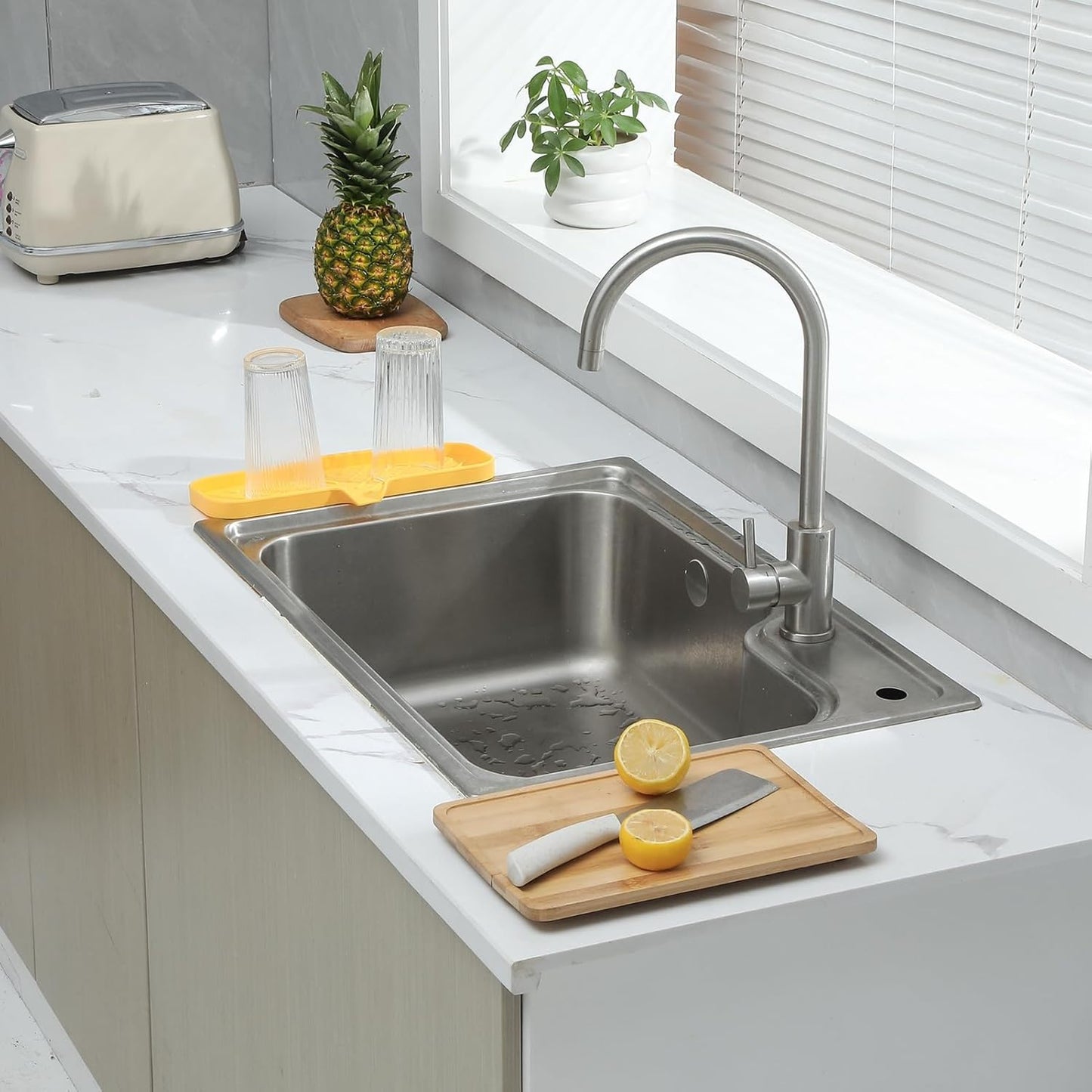 Silicone Bathroom Soap Dishes with Drain Spout-Bathroom and Kitchen Sink Organizer,Sponge Holder,Dish Soap Tray,Perfect for Dispenser,Scrubber,Bottle,Cup on Sink or Counter-Yellow 12"×4"