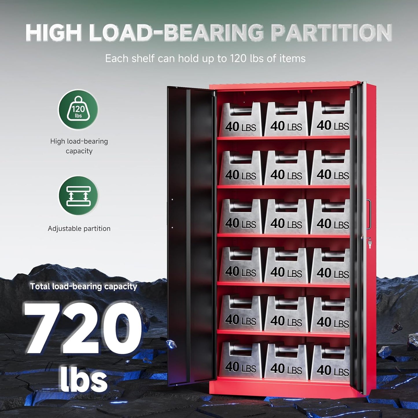 Letaya Metal Garage Storage Cabinets with Lock, 72" Tall Locker Organizer Steel Tool Cabinets,5 Adjustable Shelves 2 Doors for Home Office, Warehouse,Garage,Industrial,Employee (Black Red)