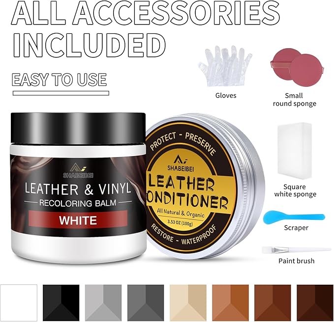 Leather Recoloring Balm with 100ml Mink Oil, White Leather Repair Kit and Scratch Remover for Furniture, Car Seats, Sofas, Dye & Restorer for Couches, Vinyl, PU, Faux