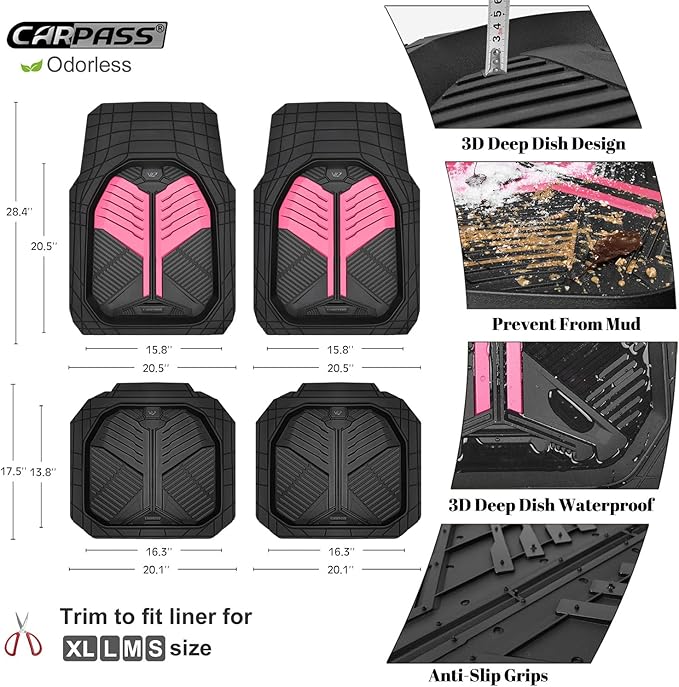 CAR PASS Heavy Duty Rubber Car Mats, Deep Dish Car Floor Mats All Weather, Car Mats Full Set 4-Piece Trim to Fit for Sedans SUVs Trucks,Women Waterproof Anti-Slip Automotive Mats, V12 Black and Pink