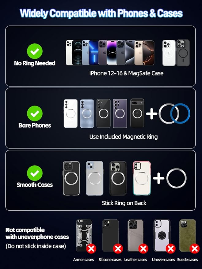 Light Face Nano Gel Vacuum Magnetic Phone Holder, 360° Adjustable Dashboard Hands-Free Suction Cup Phone Mount for Car/Gym/Mirror/Smooth Surface, Compatible with iPhone and Android (Black)