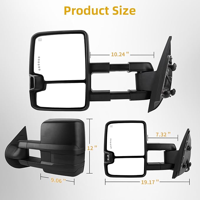DWVO Towing Mirrors Compatible with 07 08 09 10 11 12 13 Silverado 1500 2500 3500 Tahoe Suburban Avalanche GMC Sierra Yukon Cadillac Folding Power Heated Manual Telescoping LED Turn Signal Light Black