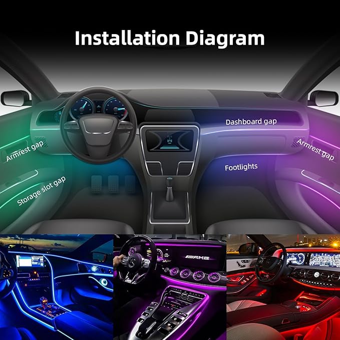 Wireless APP Control Car-Ambient-Lighting-Kit,256 RGB Colors DIY Modes Acrylic Interior Car LED Strip Light