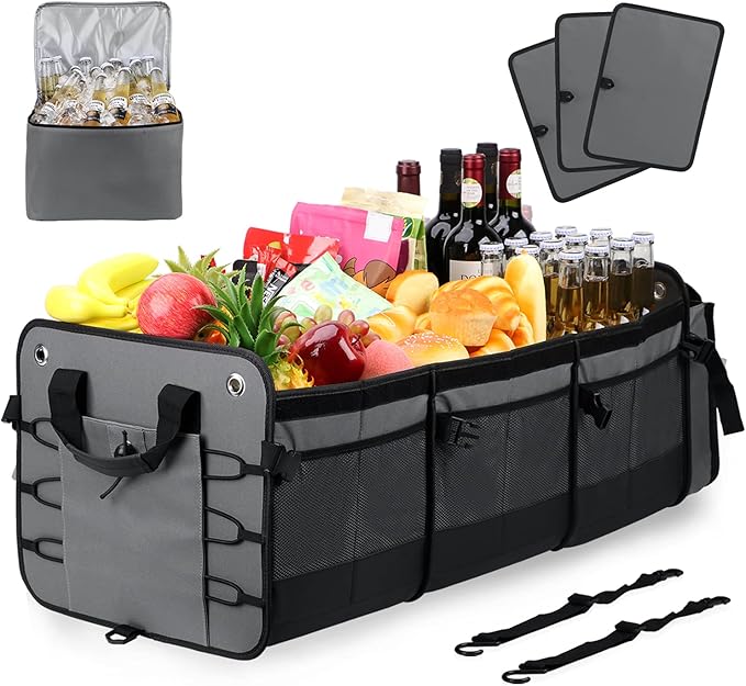 Large Trunk Organizer with Removable Cooler Bag-Collapsible Durable Multi Compartments w/ Foldable Cover, Non Slip Bottom Cargo Storage Suitable for Any Car, SUV, Truck, or Van(3 compartments,Gray)