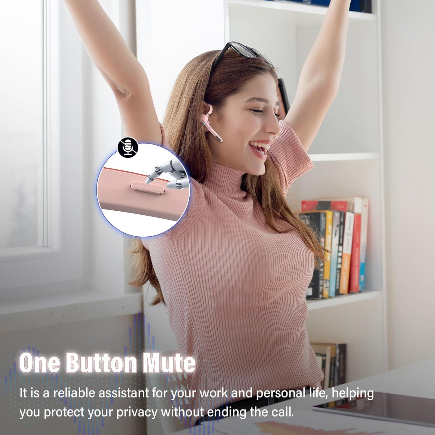 Bluetooth Headset, Wireless Bluetooth 5.3 Earpiece, 90Hrs Hands Free Headset with APTX HD Audio & Mute Button, Dual Noise Cancelling Mics, Single-Ear Headphone for Trucker/Business/Gym/Pink