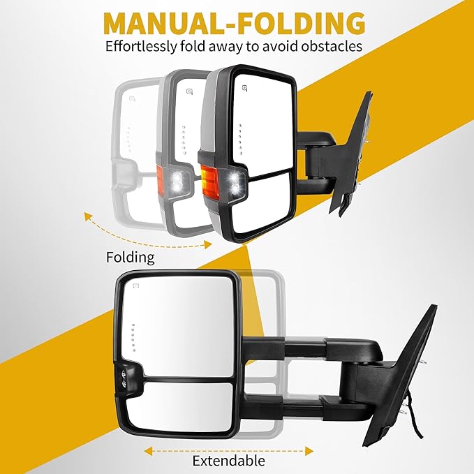 DWVO Telescoping Towing Mirrors for Chevy Silverado GMC Sierra 2007-2014, 2500HD 3500HD Tahoe Suburban Avalanche Yukon XL Denali, Power Heated Folding Mirrors with Turn Signal & Spot Light