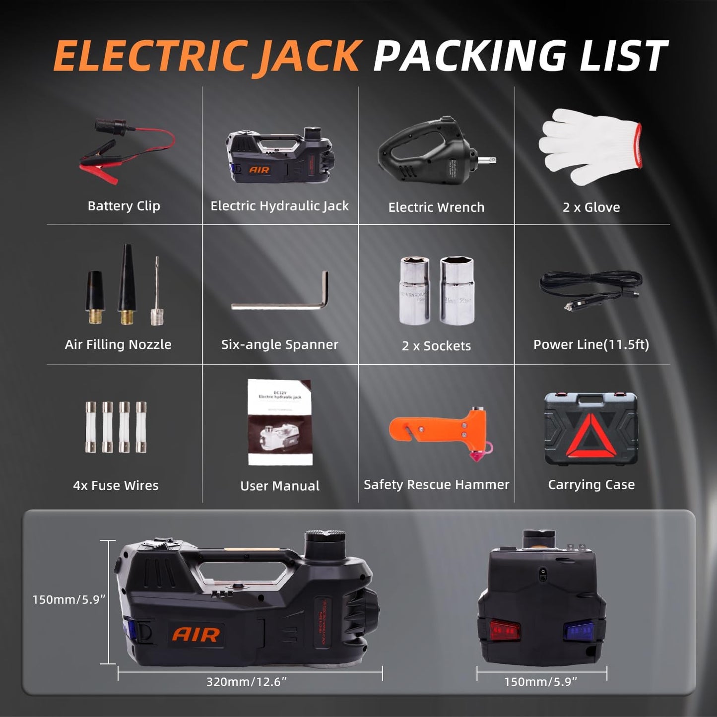 STANDTALL Electric Car Jack Kit 5 Ton 12V Hydraulic Floor Jack with Impact Wrench and Tire Inflator Pump Lift Jack with LED Light for SUV Sedan Truck Road Emergency Tire Change