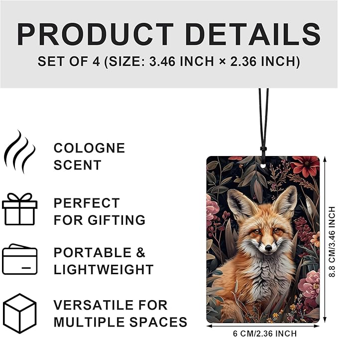 Vintage Dark Floral Fox Car Air Freshener 4 Pcs, Dark Cottagecore Mystical Enchanted Forest Fox Hanging Air Freshener for Cars Closet Drawer Books, Retro Car Accessories for Women