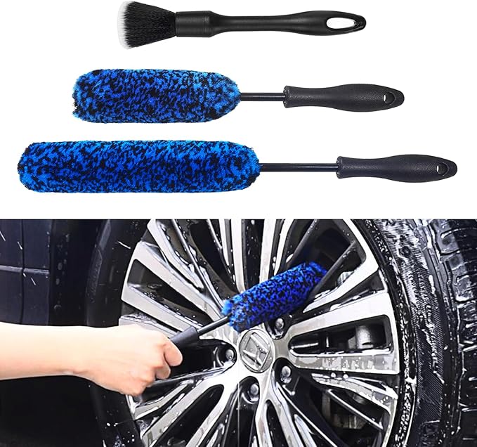 NIKCOSMK 3PCS Wheel Brush Kit for Cleaning Wheel and Tire, Wheel and Rim Brush, Car Detailing Brushes, Bendable & Durable Car Wheel Rim Cleaner Brush Set,Car Detailing Cleaning Brush Supplies Kit