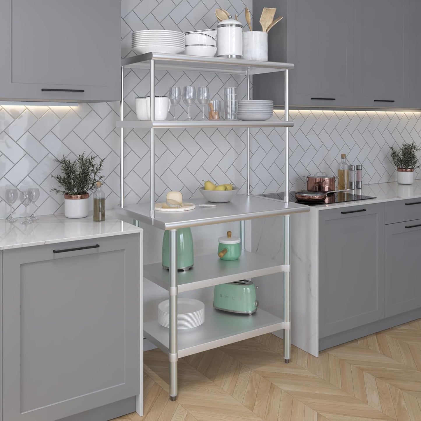 Amgood Stainless Steel Work Table with 2 Shelves | Metal Kitchen Prep Table & Shelving Combo (24" x 36" Table with 2 Shelves + 18" Overshelf)