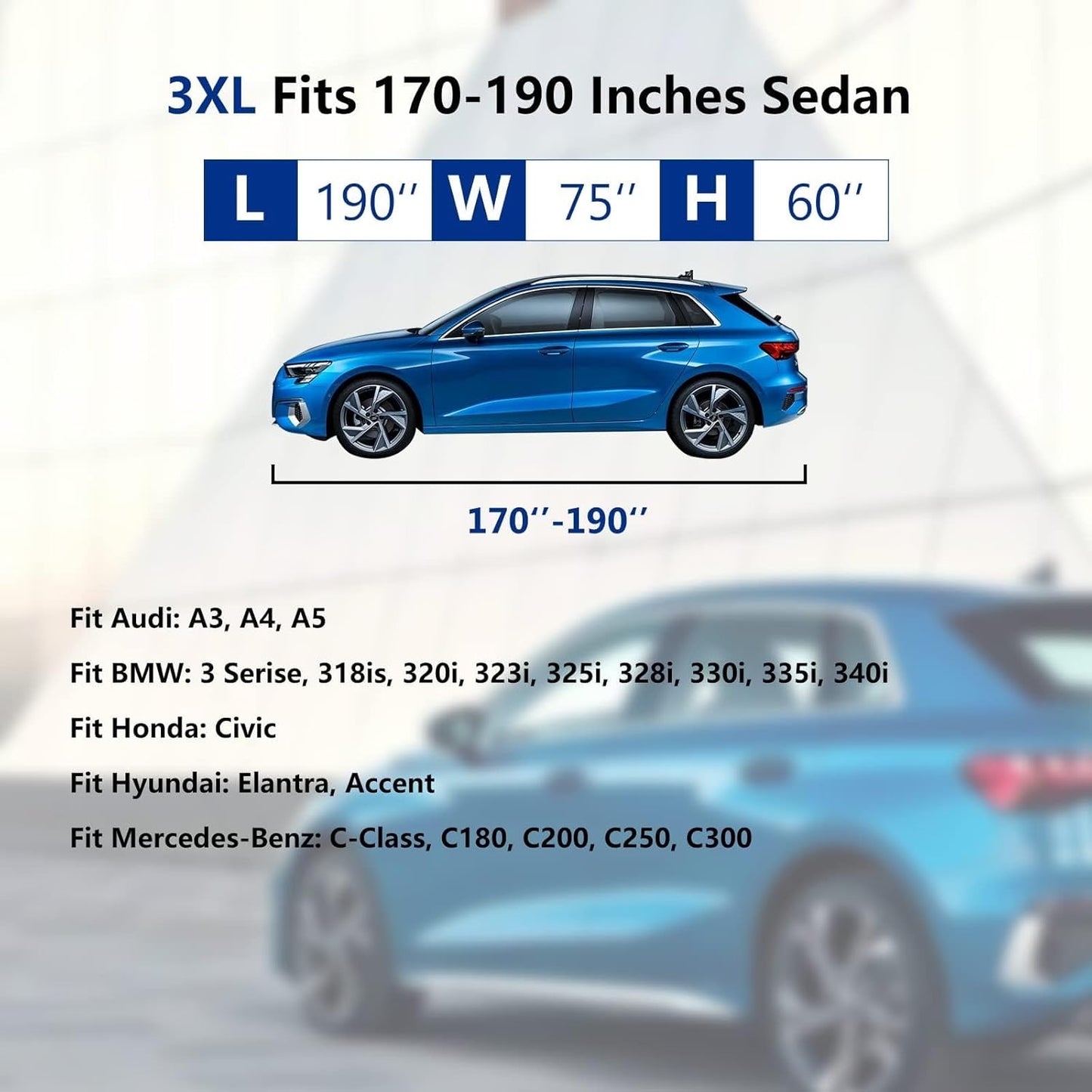 Tecoom Car Cover Waterproof All Weather, Car Covers for Automobiles w/Zipper Door, Cotton Backing Waterproof Hail Car Cover, Snowproof Sun UV Protection Windproof, Universal Fit for Sedan (170"-190")