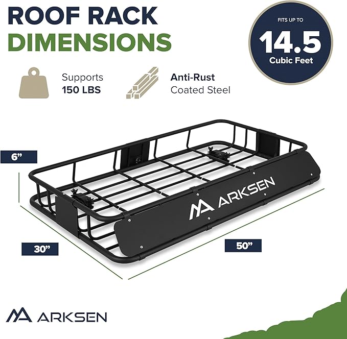 ARKSEN 30 x 50 x 6 Inch Universal Extra Wide 150LB Heavy Duty Roof Rack Cargo with Ratchet Straps, Cargo Net, Car Top Luggage Holder Carrier Basket for SUV, Truck, & Car Steel Construction