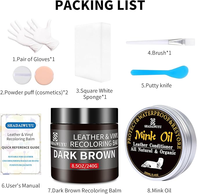 8.5oz Leather Recoloring Balm with 100ml Mink Oil,Dark Brown Leather Repair kit for Furniture and Car Interior,Leather Couch Scratch Repair,Leather Dye Paint,Mink Oil for Leather