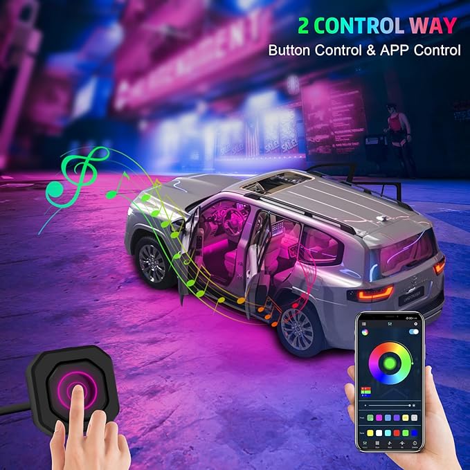 Interior Car LED Strip Lights, AMKI Acrylic LED Lights RGB 10 in 1 with Wireless APP Control Music Sync, Car Ambient Lighting Kits, Music Sync & DIY Function